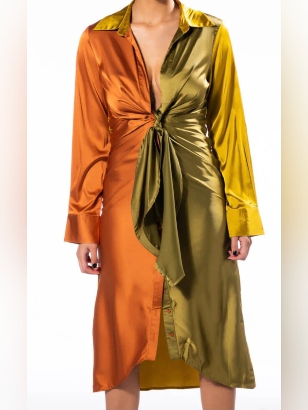 Hers & Mine, Forever 21 Satin Midi Dress Olive Rust Colorblock Tie Waist M NWT